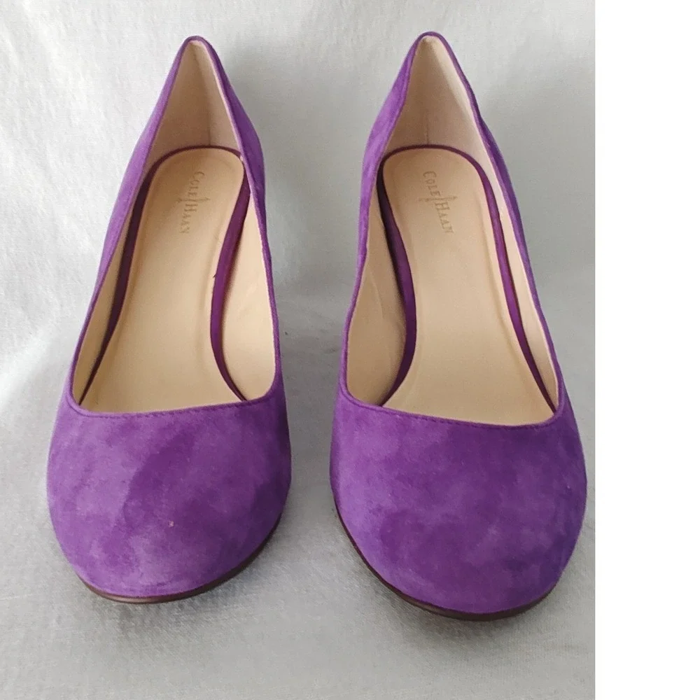 Cole Haan Air Lainey Wedge Pumps Purple Suede Round Toe Stacked Wood Heel 9B